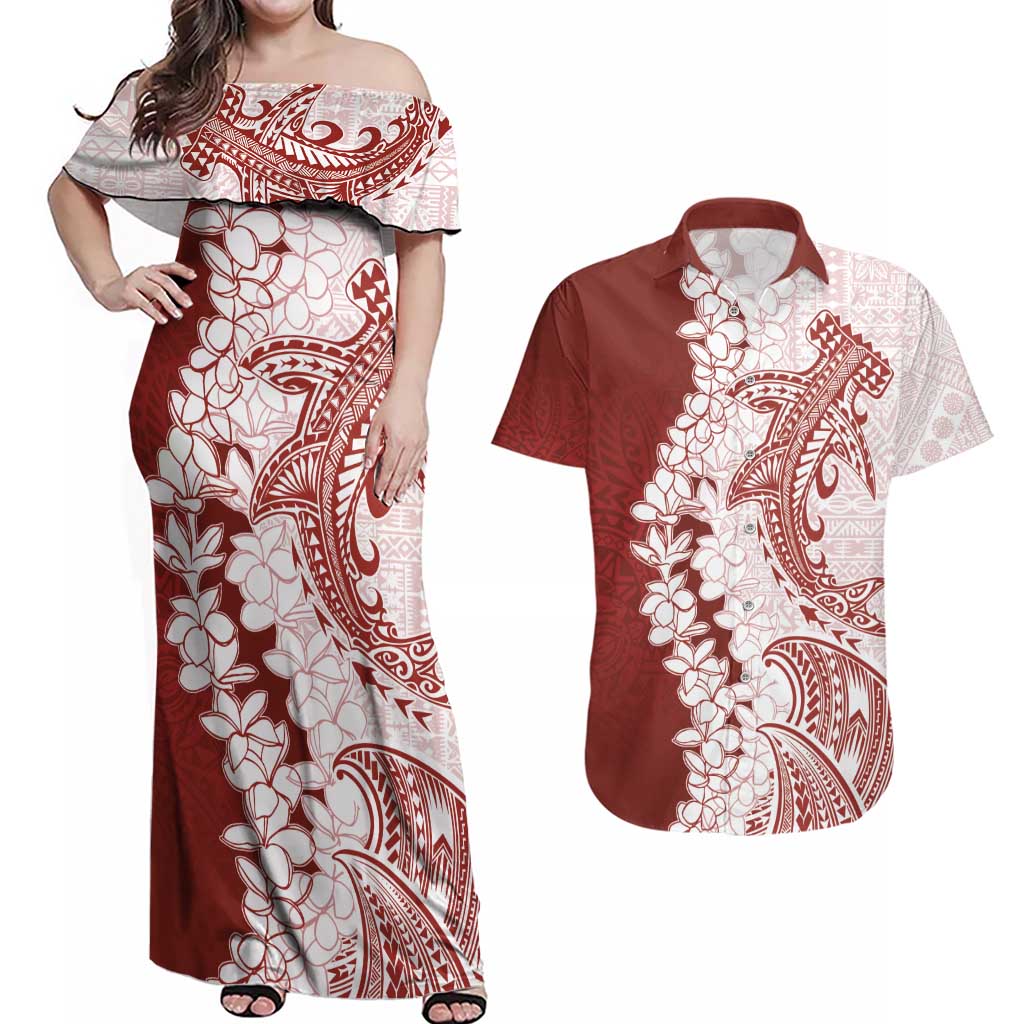 Polynesian Crimson Plumeria Lei Couples Matching Off Shoulder Maxi Dress and Hawaiian Shirt with Hammerhead Shark