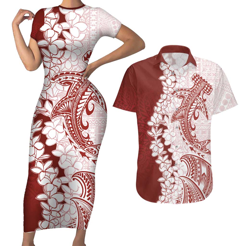 Polynesian Crimson Plumeria Lei Couples Matching Short Sleeve Bodycon Dress and Hawaiian Shirt with Hammerhead Shark