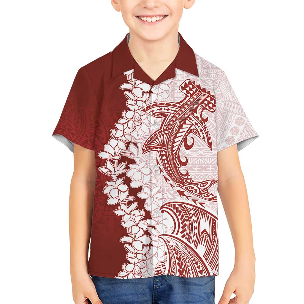 Polynesian Crimson Plumeria Lei Kid Hawaiian Shirt with Hammerhead Shark LT7 Kid Red - Polynesian Pride