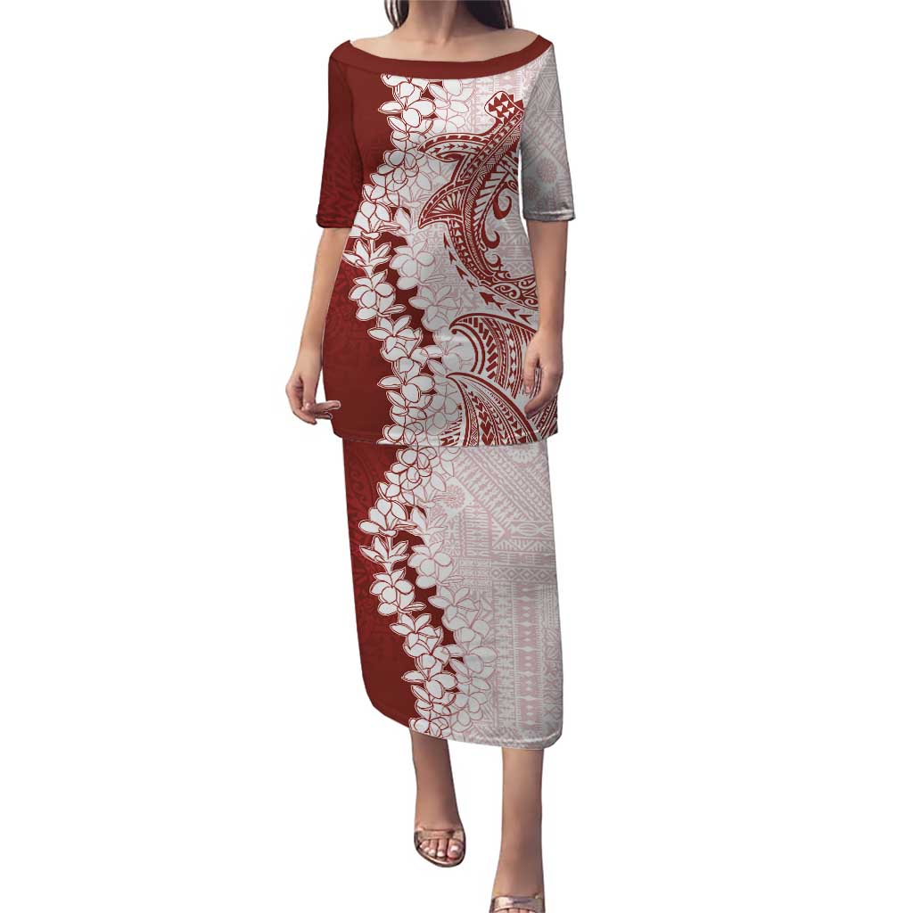 Polynesian Crimson Plumeria Lei Puletasi with Hammerhead Shark LT7 Long Dress Red - Polynesian Pride