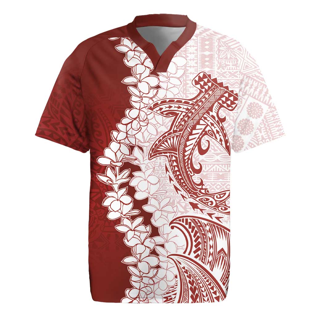 Polynesian Crimson Plumeria Lei Rugby Jersey with Hammerhead Shark LT7 Red - Polynesian Pride