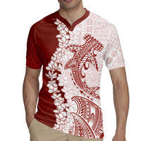 Polynesian Crimson Plumeria Lei Rugby Jersey with Hammerhead Shark LT7 - Polynesian Pride