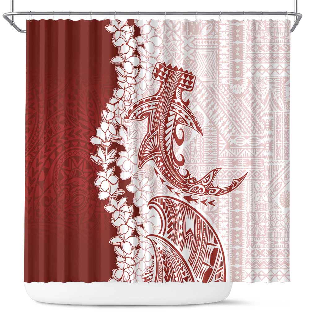 Polynesian Crimson Plumeria Lei Shower Curtain with Hammerhead Shark LT7 Red - Polynesian Pride
