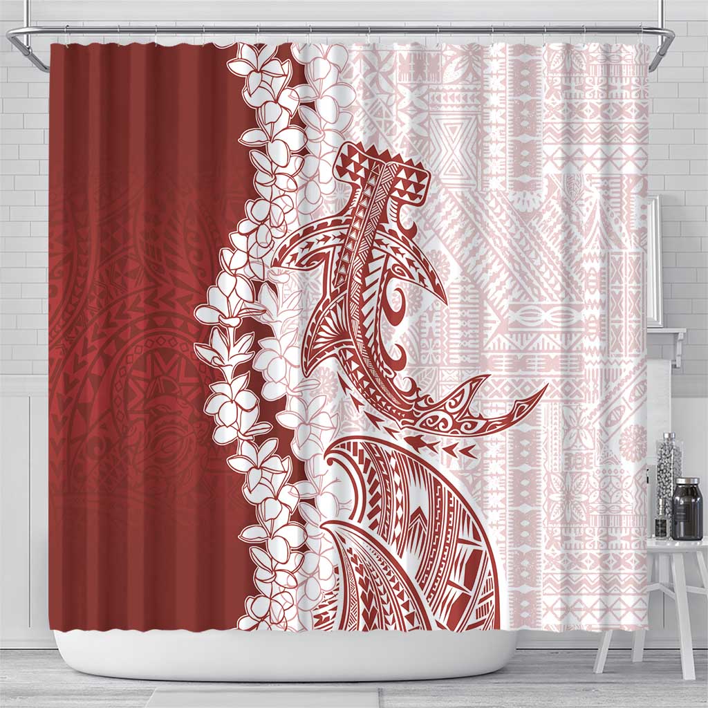 Polynesian Crimson Plumeria Lei Shower Curtain with Hammerhead Shark LT7 - Polynesian Pride