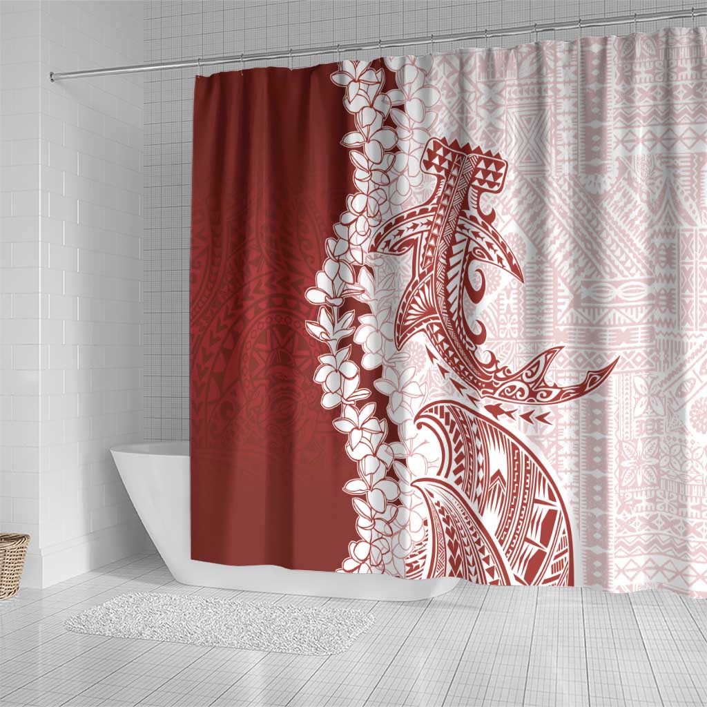 Polynesian Crimson Plumeria Lei Shower Curtain with Hammerhead Shark LT7 - Polynesian Pride