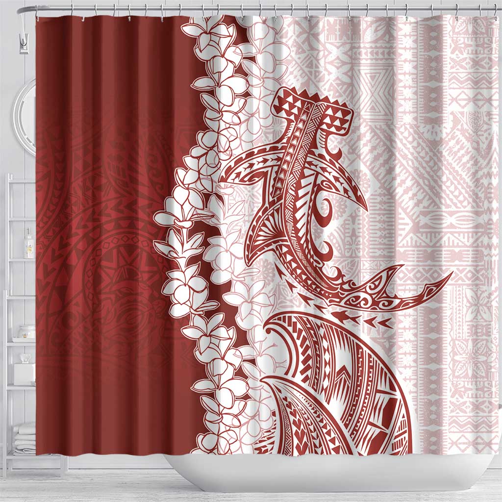 Polynesian Crimson Plumeria Lei Shower Curtain with Hammerhead Shark LT7 - Polynesian Pride