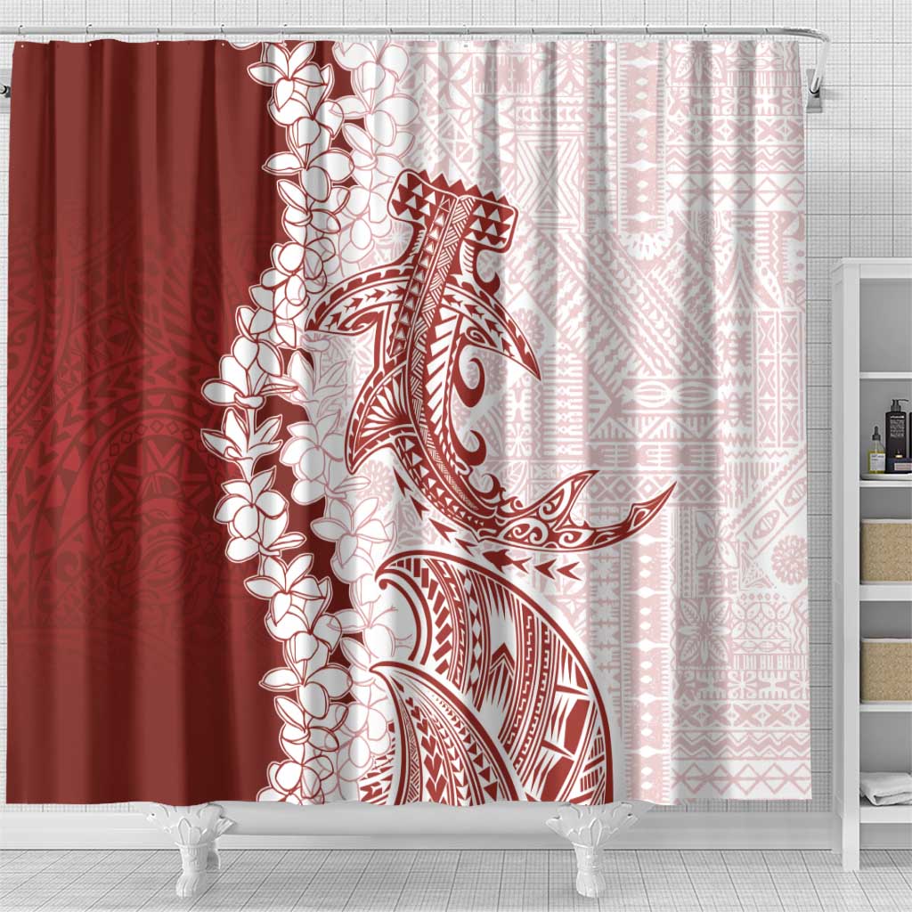Polynesian Crimson Plumeria Lei Shower Curtain with Hammerhead Shark LT7 - Polynesian Pride