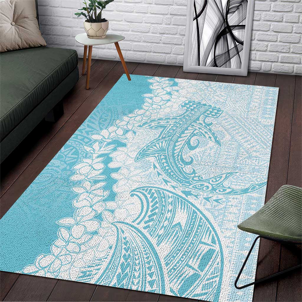 Polynesian Turquoise Plumeria Lei Area Rug with Hammerhead Shark