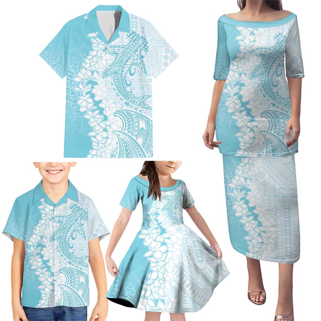 Polynesian Turquoise Plumeria Lei Family Matching Puletasi and Hawaiian Shirt with Hammerhead Shark