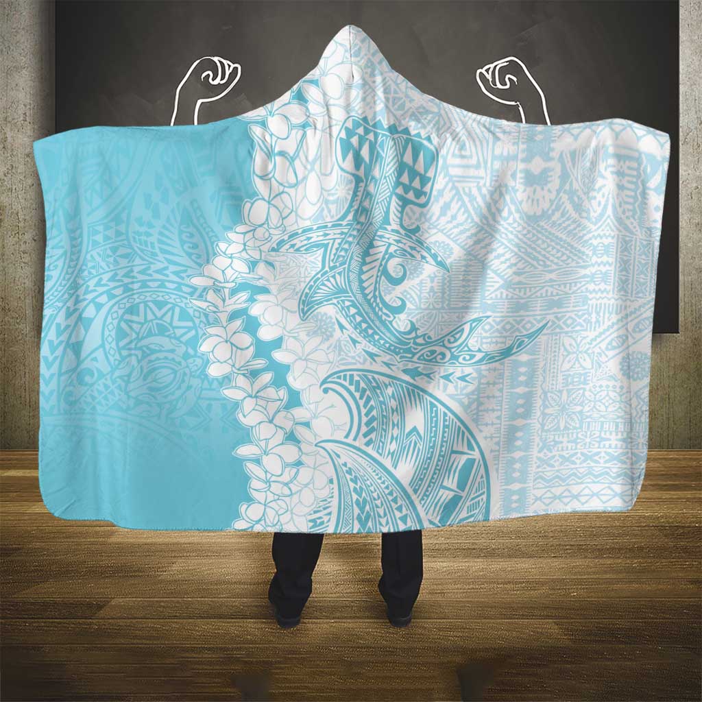 Polynesian Turquoise Plumeria Lei Hooded Blanket with Hammerhead Shark LT7 - Polynesian Pride