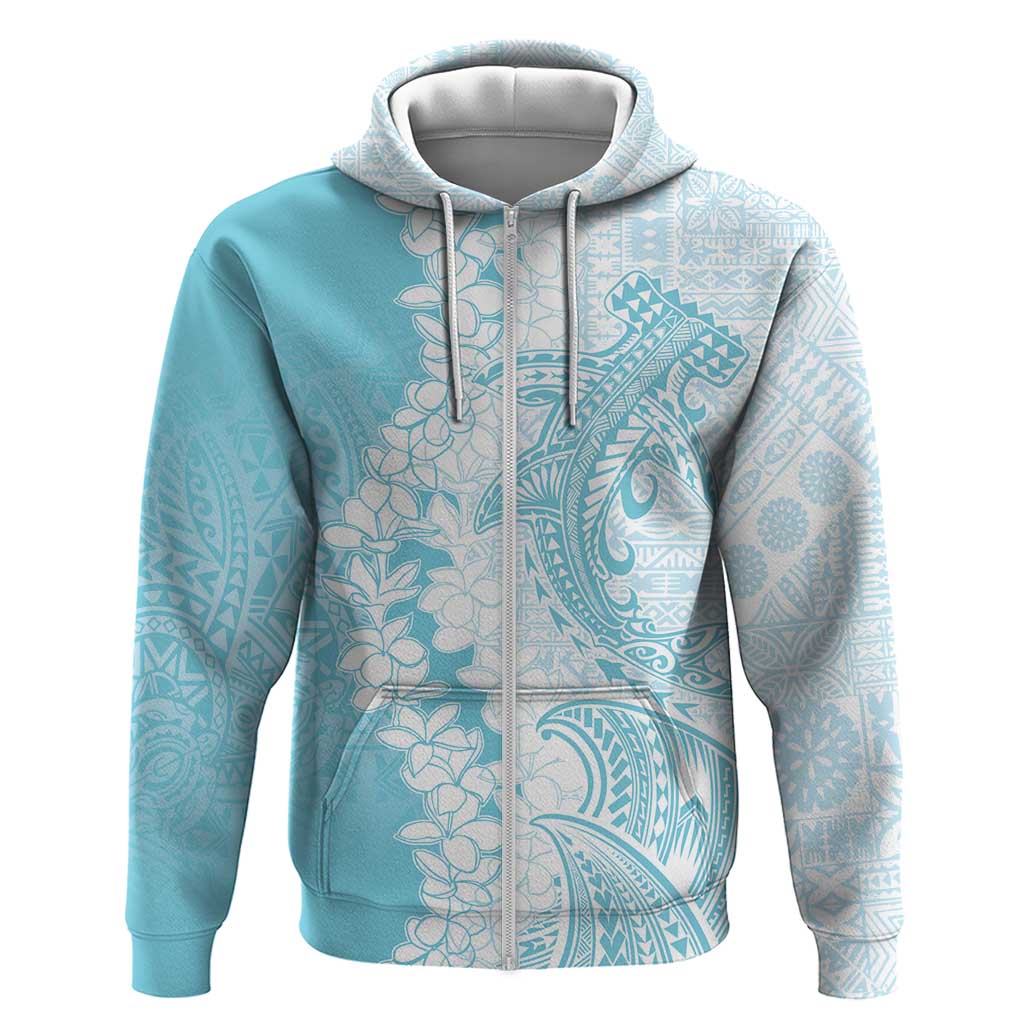 Polynesian Turquoise Plumeria Lei Hoodie with Hammerhead Shark LT7 Zip Hoodie Turquoise - Polynesian Pride