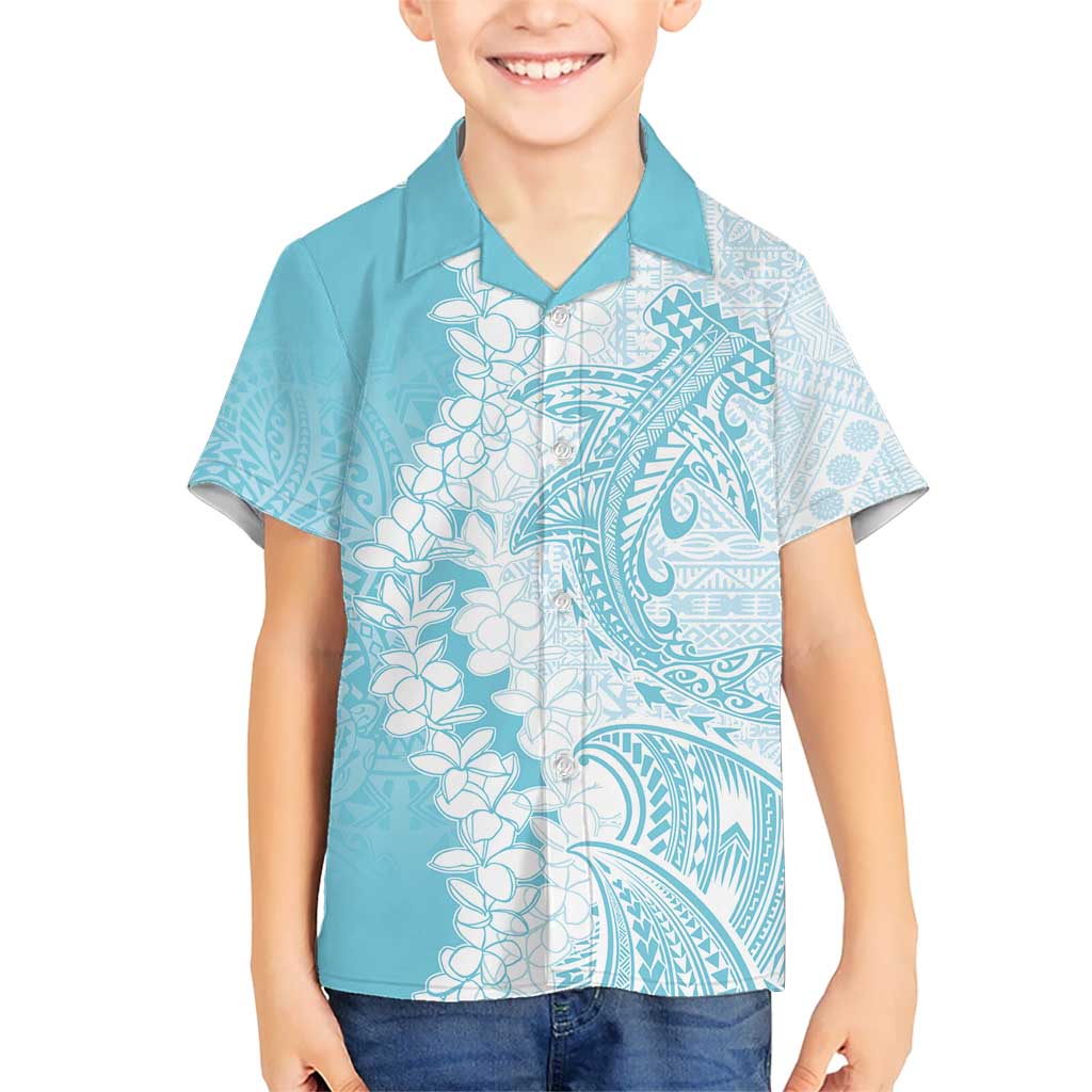 Polynesian Turquoise Plumeria Lei Kid Hawaiian Shirt with Hammerhead Shark LT7 Kid Turquoise - Polynesian Pride