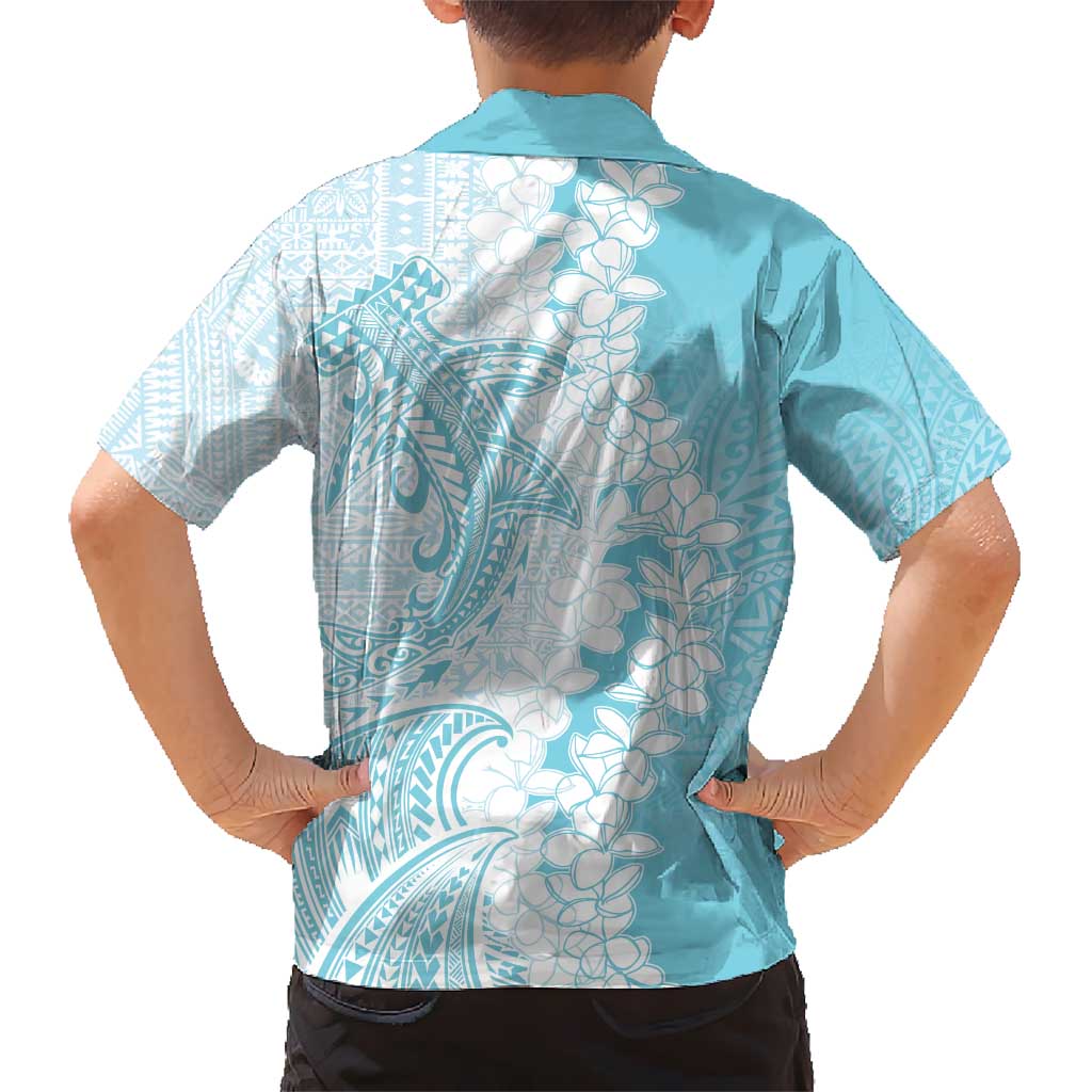 Polynesian Turquoise Plumeria Lei Kid Hawaiian Shirt with Hammerhead Shark LT7 - Polynesian Pride