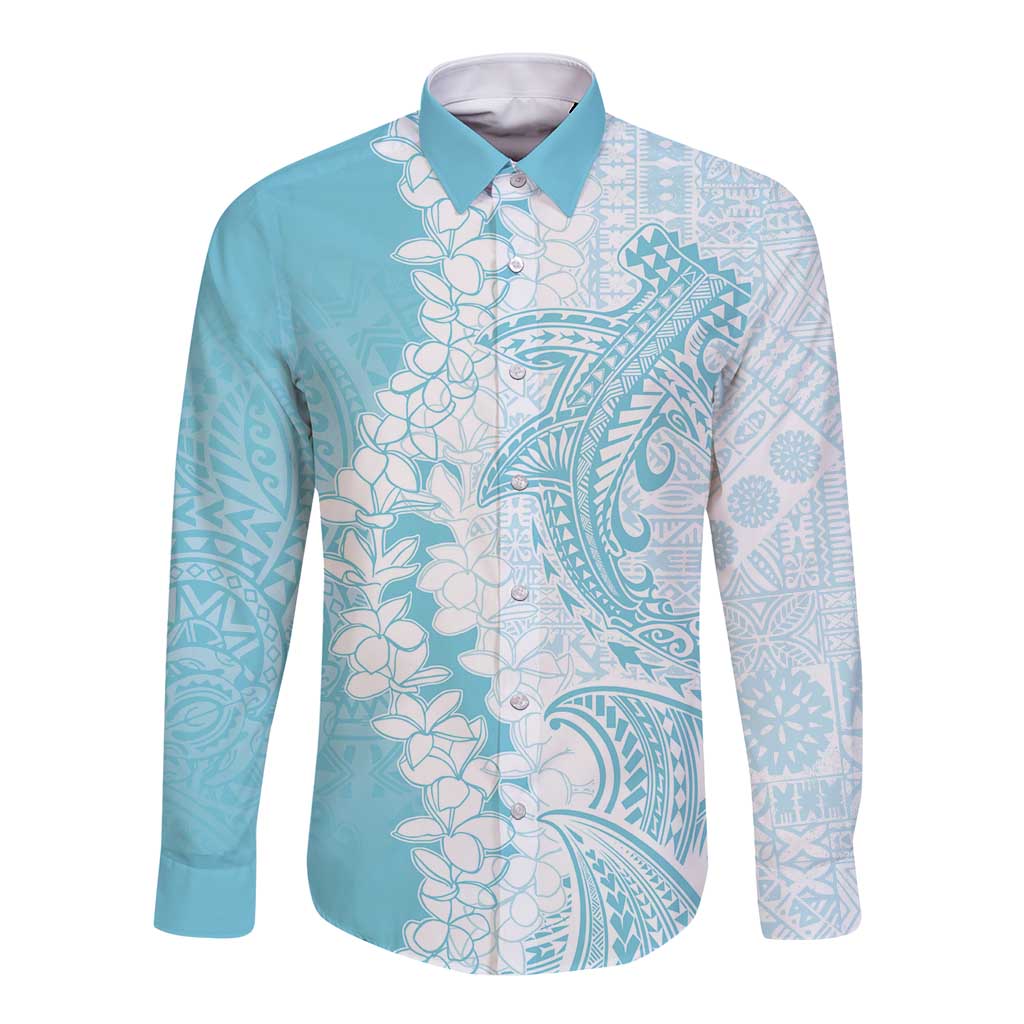 Polynesian Turquoise Plumeria Lei Long Sleeve Button Shirt with Hammerhead Shark LT7 Unisex Turquoise - Polynesian Pride
