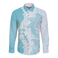 Polynesian Turquoise Plumeria Lei Long Sleeve Button Shirt with Hammerhead Shark LT7 Unisex Turquoise - Polynesian Pride