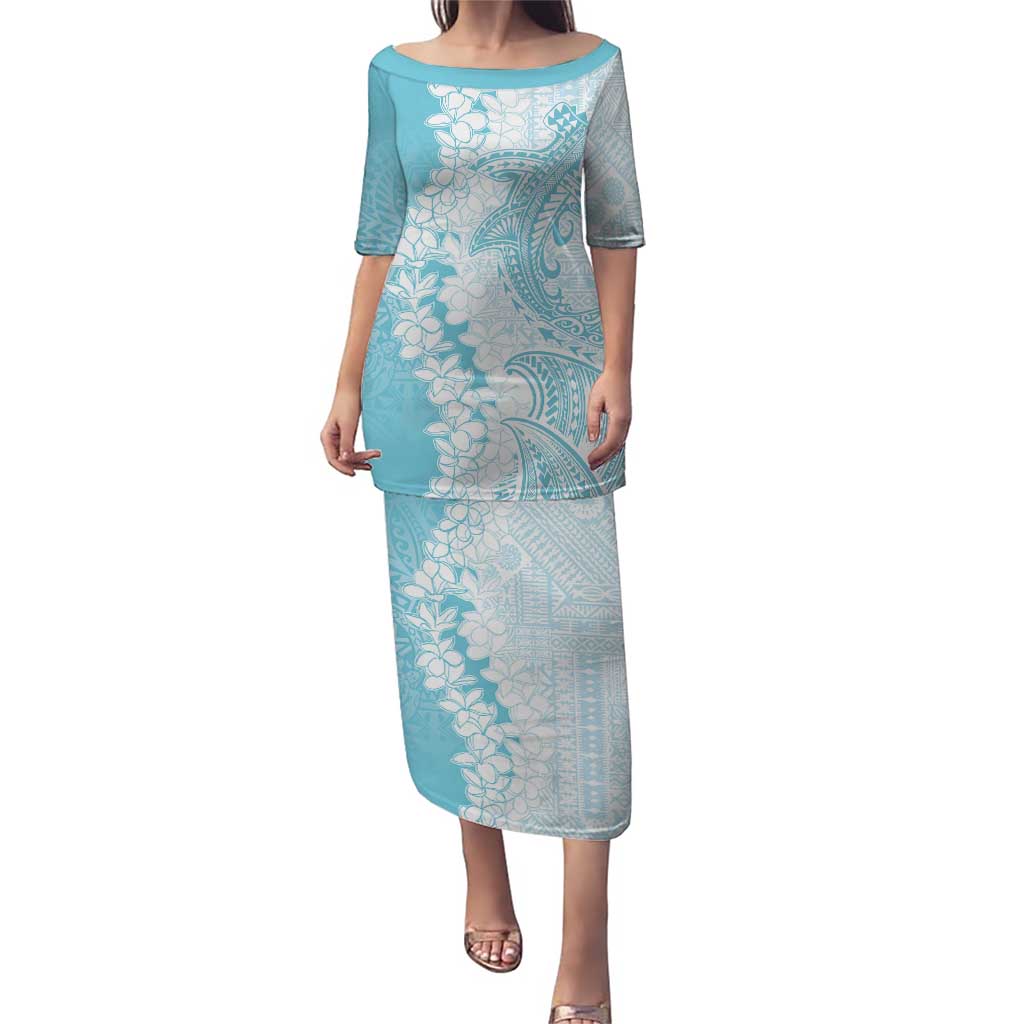 Polynesian Turquoise Plumeria Lei Puletasi with Hammerhead Shark LT7 Long Dress Turquoise - Polynesian Pride