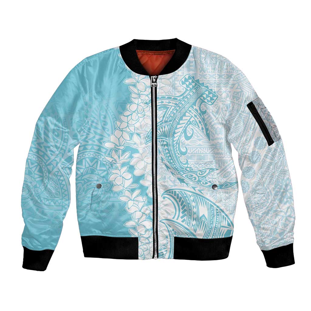 Polynesian Turquoise Plumeria Lei Sleeve Zip Bomber Jacket with Hammerhead Shark LT7 Unisex Turquoise - Polynesian Pride