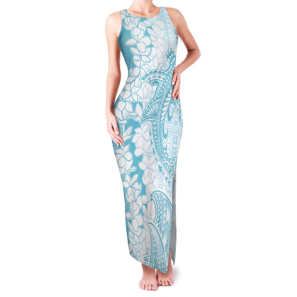 Polynesian Turquoise Plumeria Lei Tank Maxi Dress with Hammerhead Shark