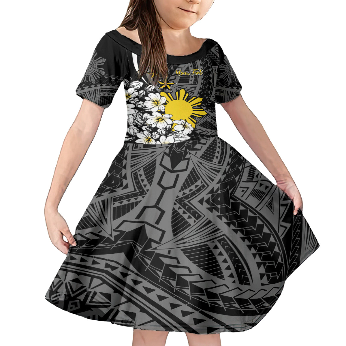 Philippines Sampaguita Personalised Kid Short Sleeve Dress Women's Day LT7 KID Black - Polynesian Pride