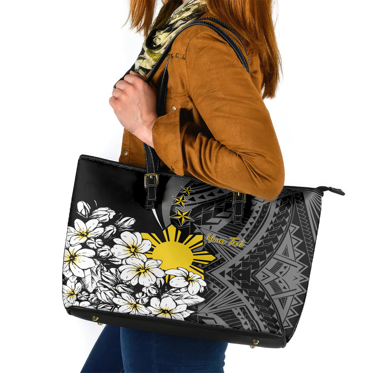 Philippines Sampaguita Personalised Leather Tote Bag Women's Day LT7 Black - Polynesian Pride
