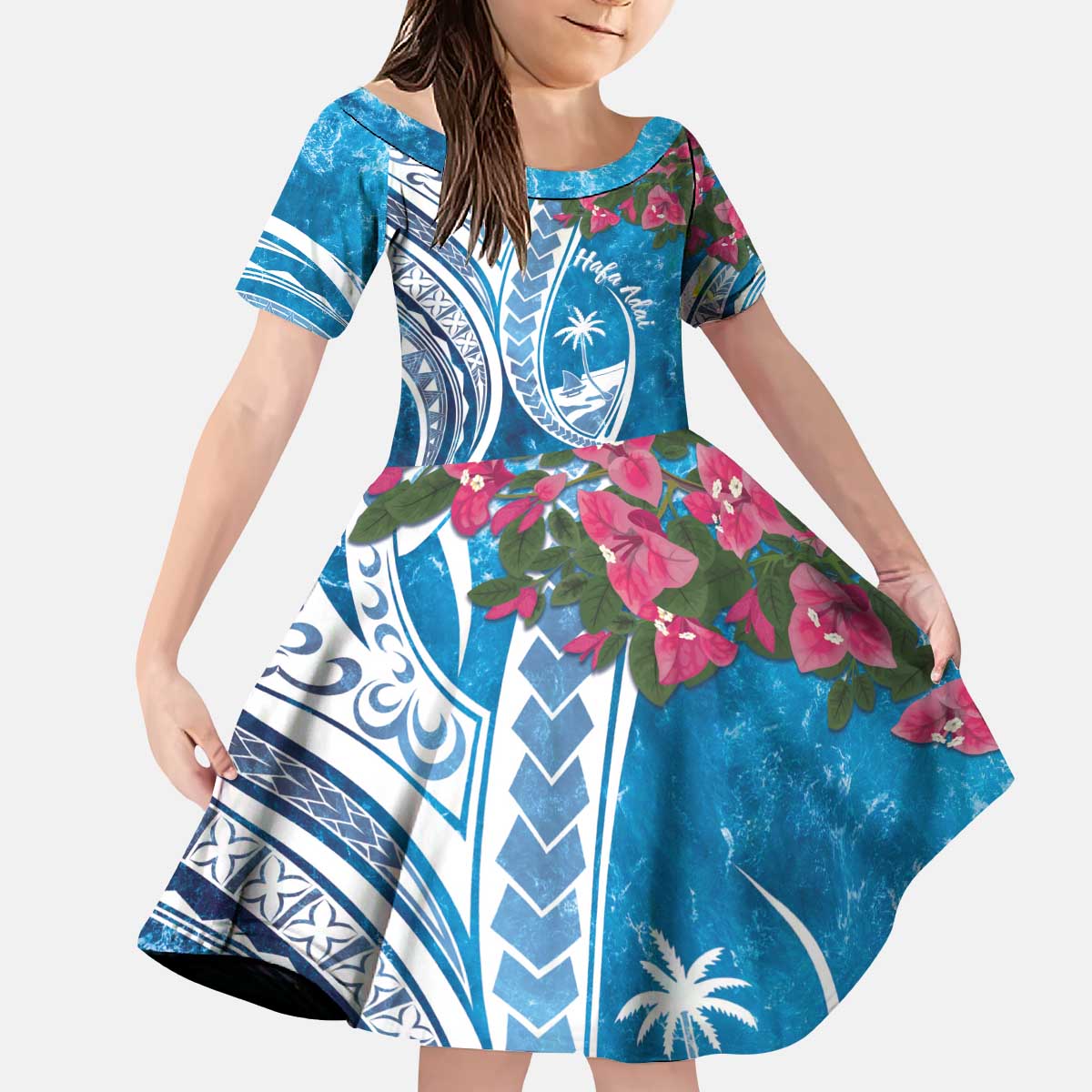 Hafa Adai Guam Kid Short Sleeve Dress Crystal Waves LT7 KID Blue - Polynesian Pride