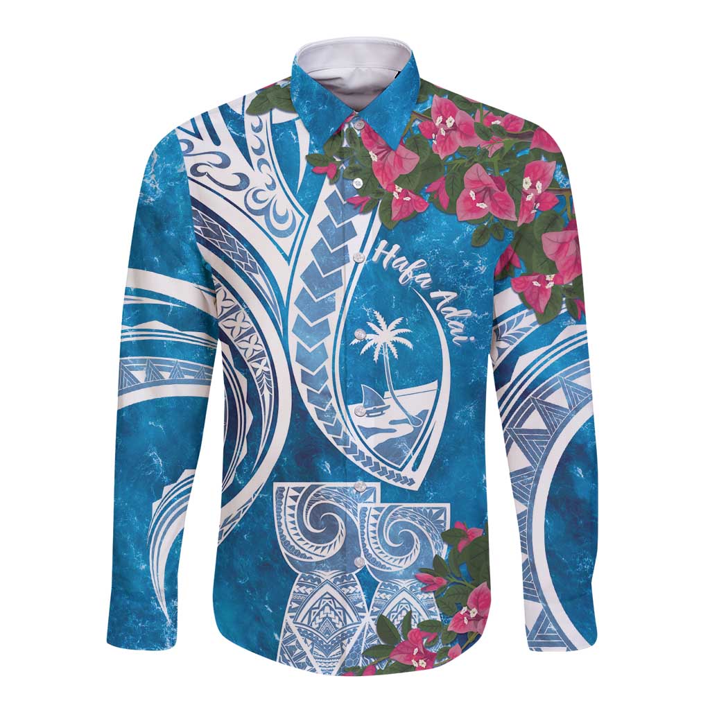 Hafa Adai Guam Long Sleeve Button Shirt Crystal Waves LT7 Unisex Blue - Polynesian Pride