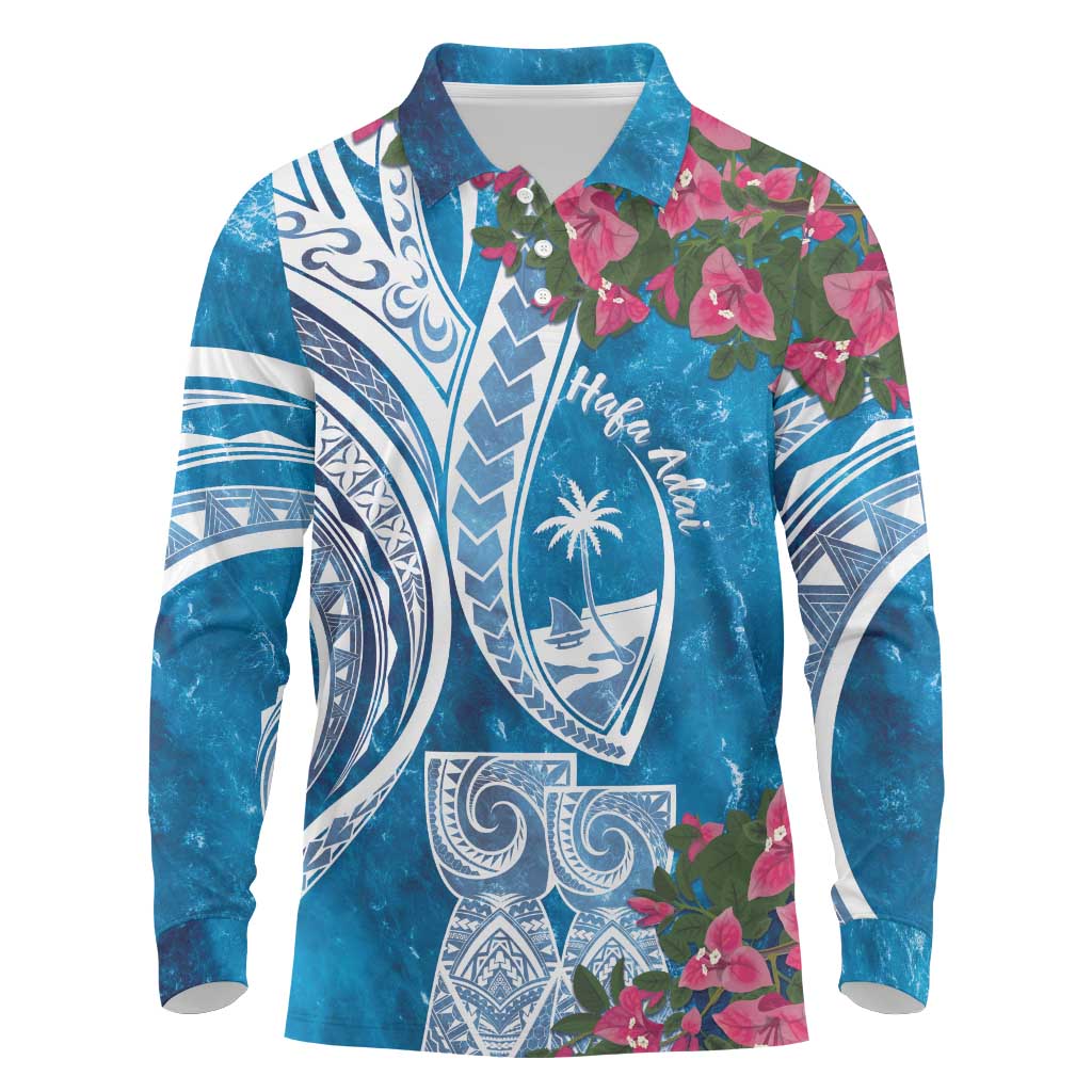 Hafa Adai Guam Long Sleeve Polo Shirt Crystal Waves LT7 Blue - Polynesian Pride