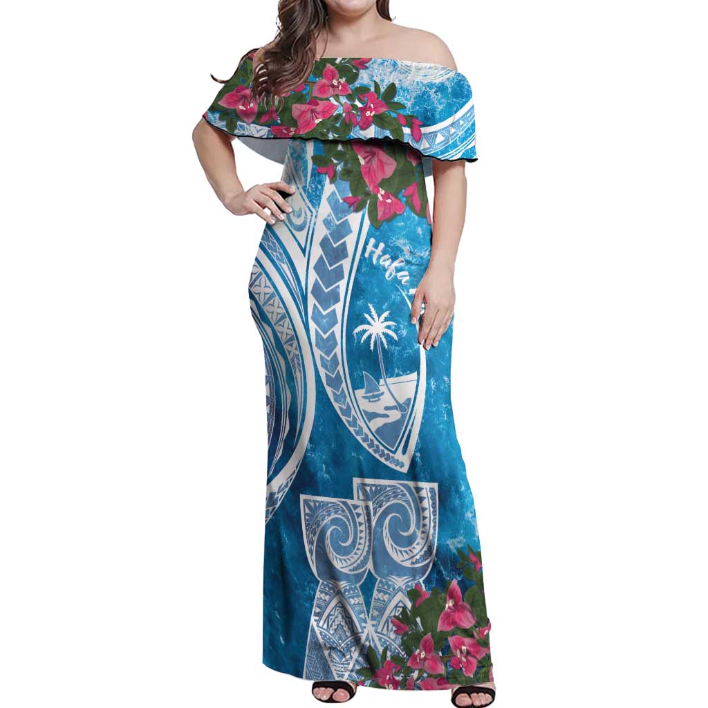 Hafa Adai Guam Off Shoulder Maxi Dress Crystal Waves LT7 Women Blue - Polynesian Pride