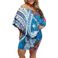 Hafa Adai Guam Off Shoulder Short Dress Crystal Waves LT7 Women Blue - Polynesian Pride