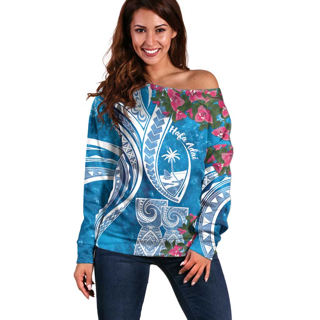 Hafa Adai Guam Off Shoulder Sweater Crystal Waves LT7 Women Blue - Polynesian Pride