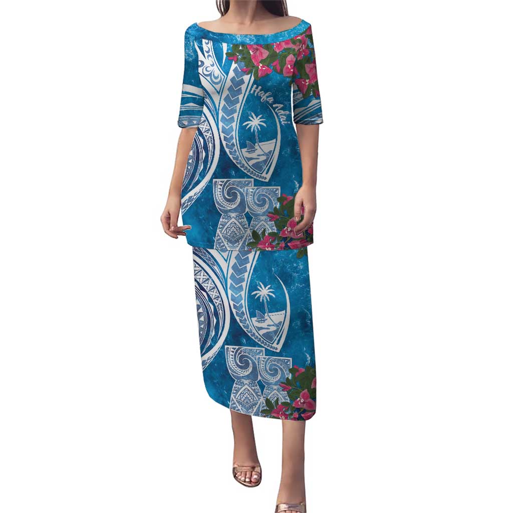 Hafa Adai Guam Puletasi Crystal Waves LT7 Long Dress Blue - Polynesian Pride