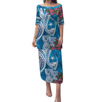 Hafa Adai Guam Puletasi Crystal Waves LT7 Long Dress Blue - Polynesian Pride