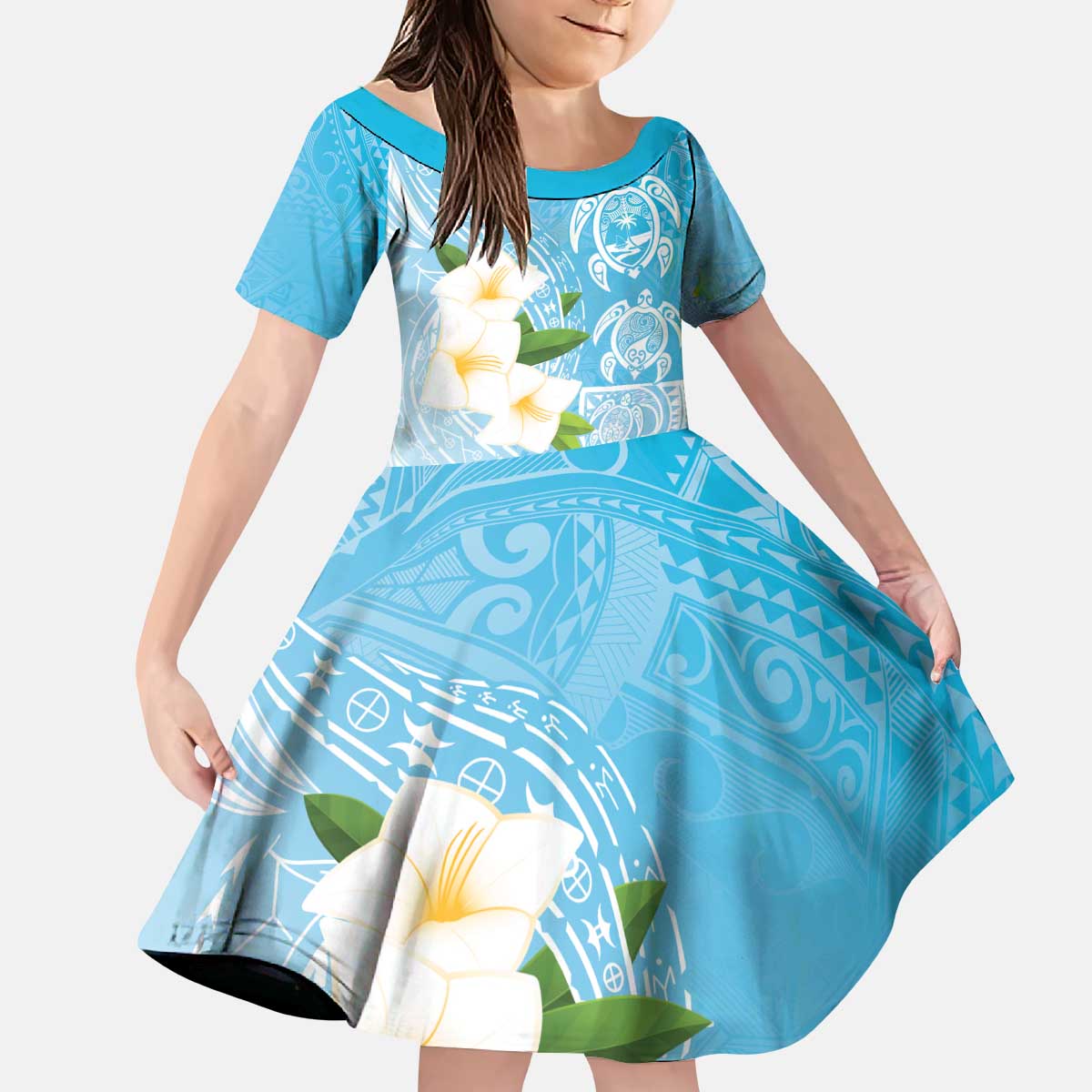Personalized Guam Chamorro Kid Short Sleeve Dress Turtles and Guasali Flowers LT7 KID Turquoise - Polynesian Pride