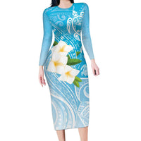 Personalized Guam Chamorro Long Sleeve Bodycon Dress Turtles and Guasali Flowers LT7 Long Dress Turquoise - Polynesian Pride