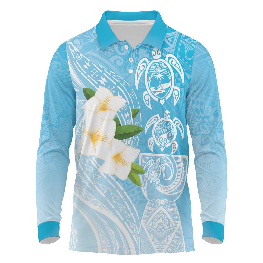 Personalized Guam Chamorro Long Sleeve Polo Shirt Turtles and Guasali Flowers LT7 Turquoise - Polynesian Pride