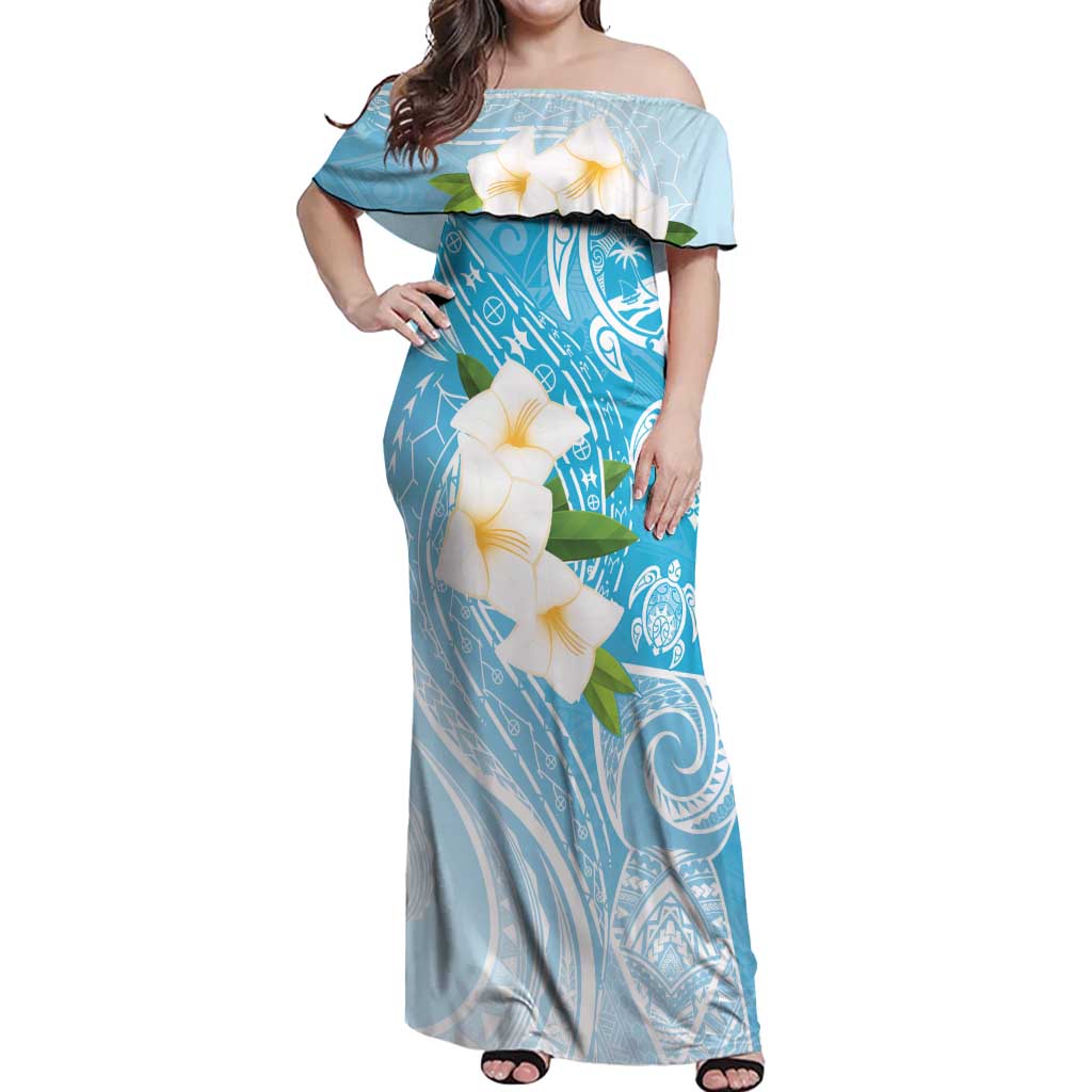 Personalized Guam Chamorro Off Shoulder Maxi Dress Turtles and Guasali Flowers LT7 Women Turquoise - Polynesian Pride