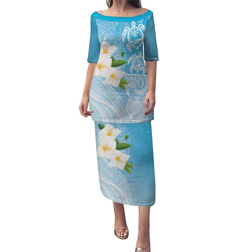 Personalized Guam Chamorro Puletasi Turtles and Guasali Flowers LT7 Long Dress Turquoise - Polynesian Pride
