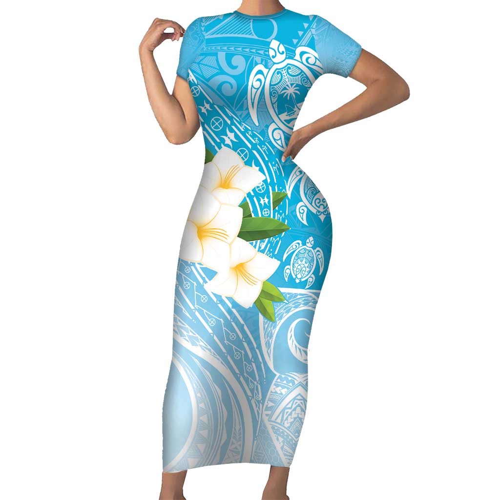 Personalized Guam Chamorro Short Sleeve Bodycon Dress Turtles and Guasali Flowers