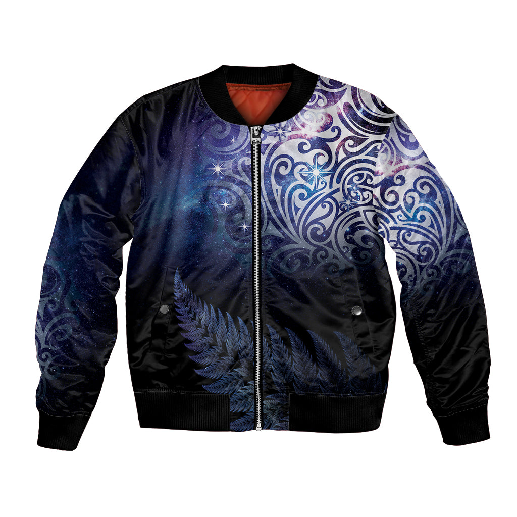 New Zealand Aotearoa Matariki Bomber Jacket Starry Silver Fern LT7 Unisex Galaxy - Polynesian Pride