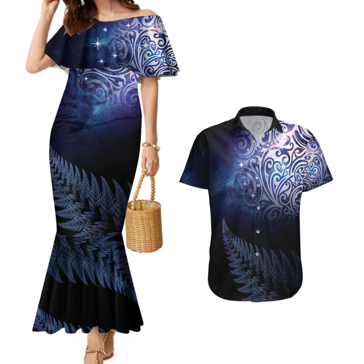 New Zealand Aotearoa Matariki Couples Matching Mermaid Dress and Hawaiian Shirt Starry Silver Fern