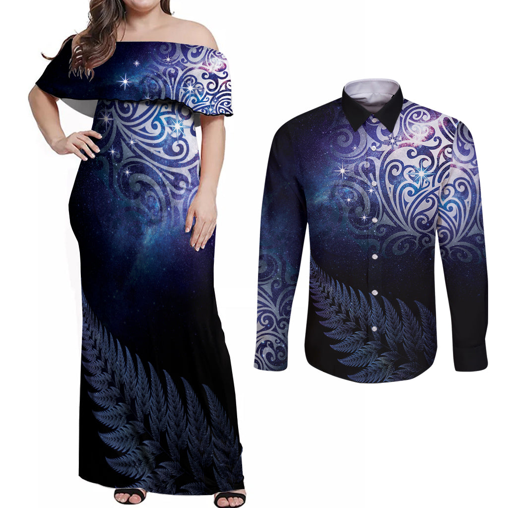 New Zealand Aotearoa Matariki Couples Matching Off Shoulder Maxi Dress and Long Sleeve Button Shirt Starry Silver Fern