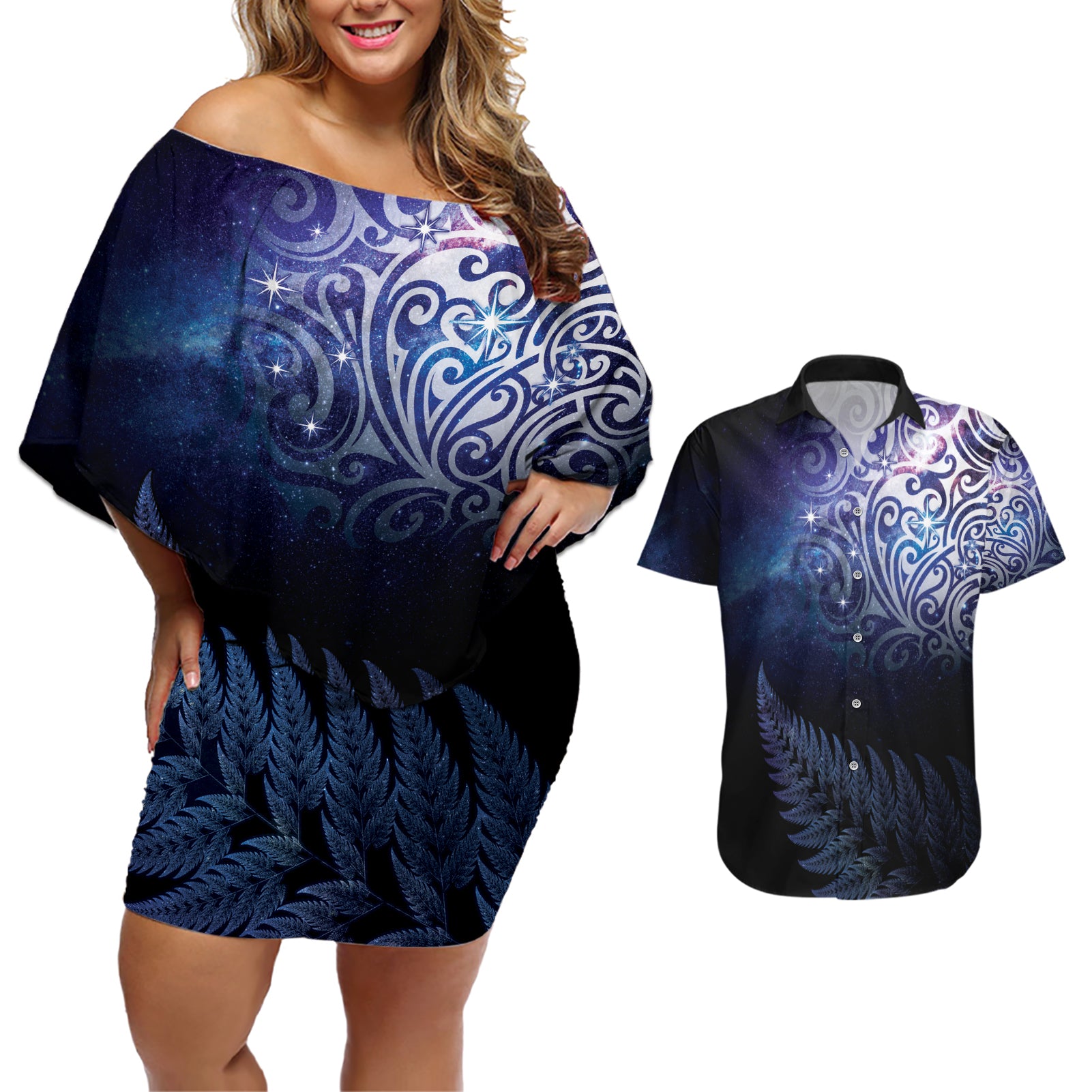 New Zealand Aotearoa Matariki Couples Matching Off Shoulder Short Dress and Hawaiian Shirt Starry Silver Fern