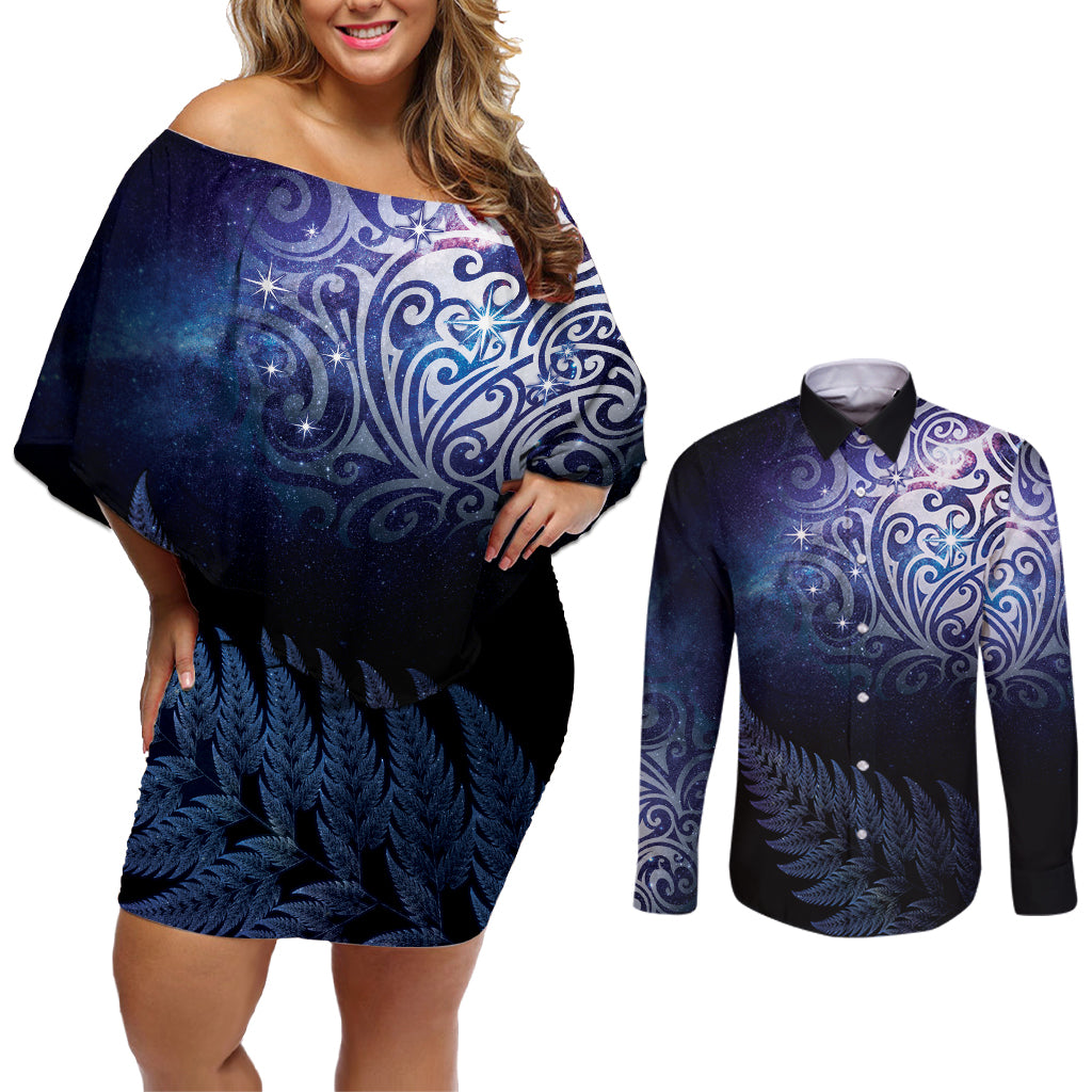 New Zealand Aotearoa Matariki Couples Matching Off Shoulder Short Dress and Long Sleeve Button Shirt Starry Silver Fern