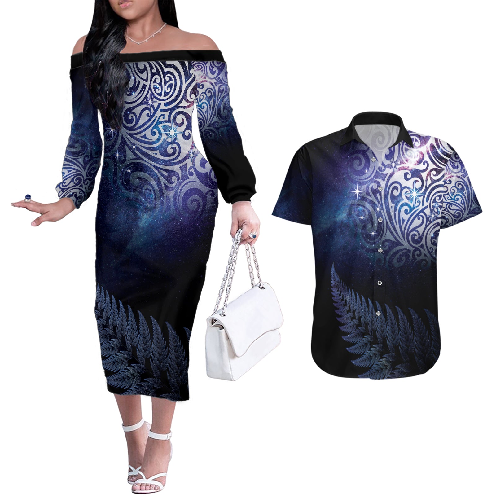 New Zealand Aotearoa Matariki Couples Matching Off The Shoulder Long Sleeve Dress and Hawaiian Shirt Starry Silver Fern