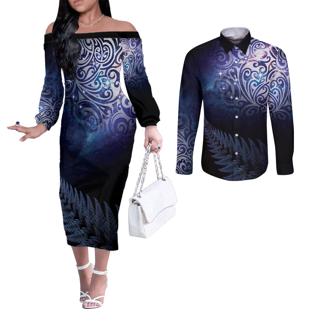 New Zealand Aotearoa Matariki Couples Matching Off The Shoulder Long Sleeve Dress and Long Sleeve Button Shirt Starry Silver Fern