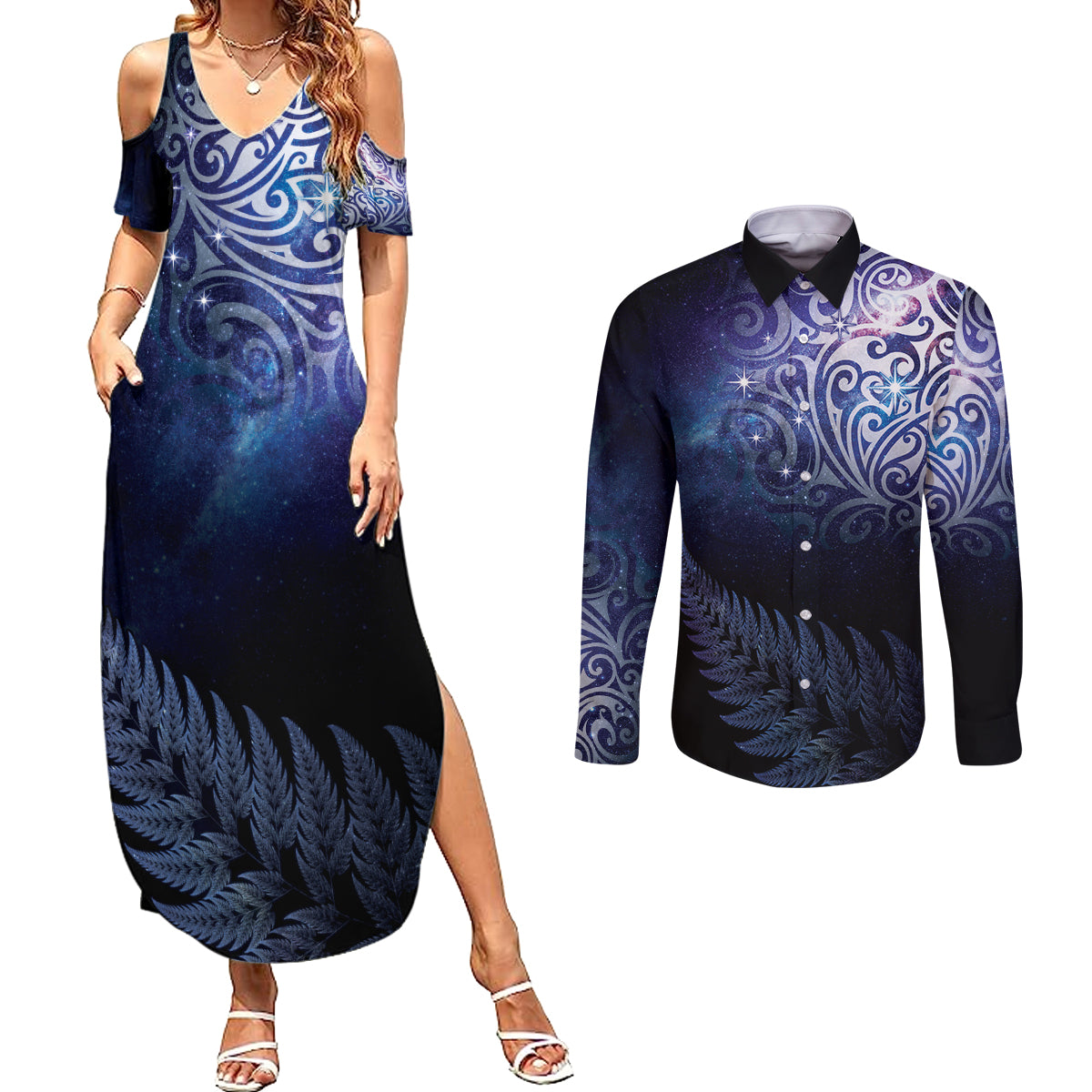 New Zealand Aotearoa Matariki Couples Matching Summer Maxi Dress and Long Sleeve Button Shirt Starry Silver Fern