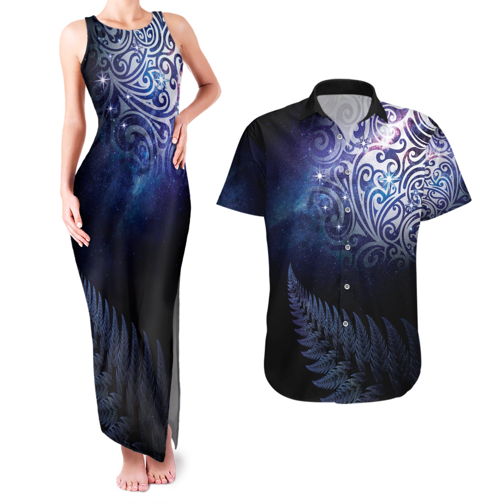 New Zealand Aotearoa Matariki Couples Matching Tank Maxi Dress and Hawaiian Shirt Starry Silver Fern