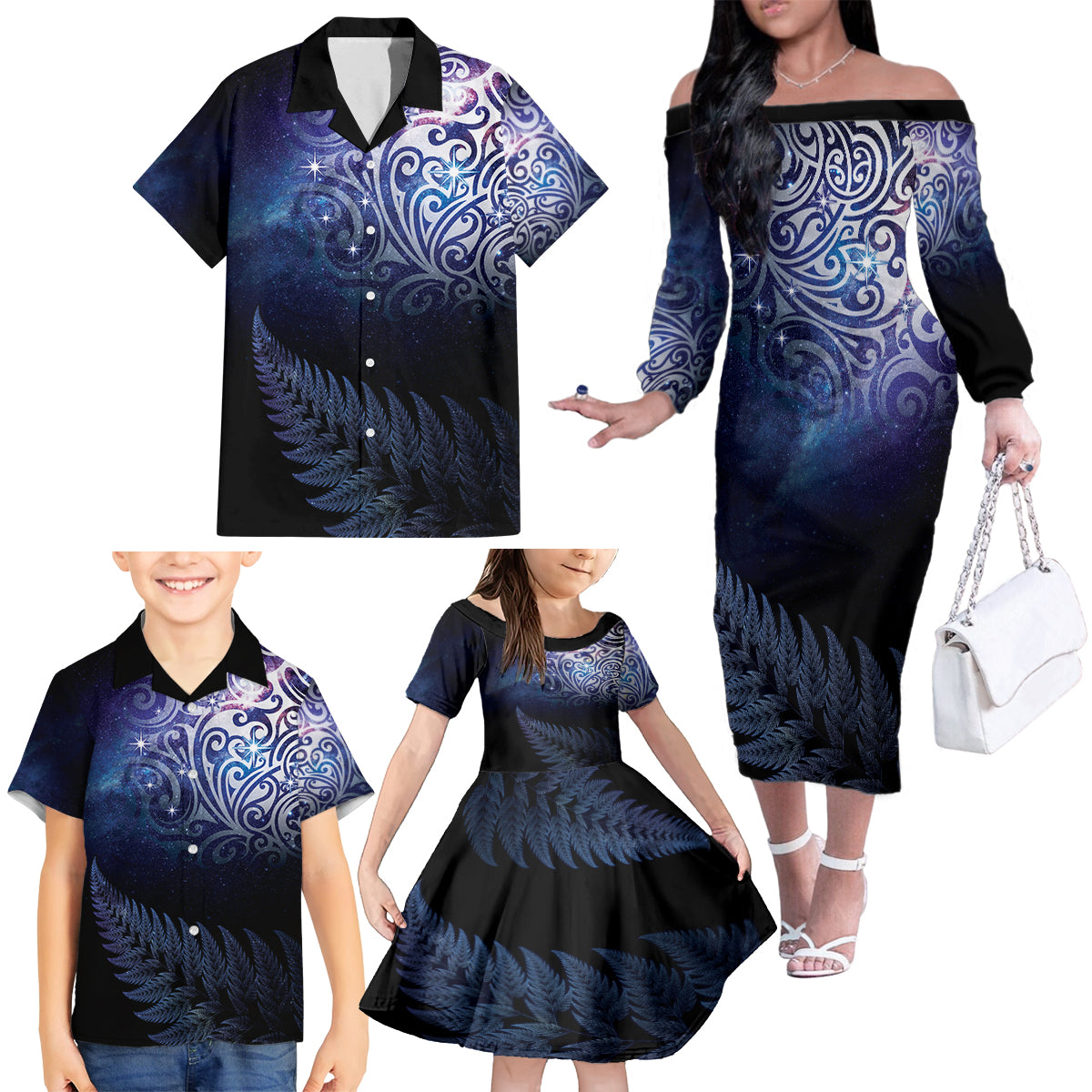 New Zealand Aotearoa Matariki Family Matching Off The Shoulder Long Sleeve Dress and Hawaiian Shirt Starry Silver Fern