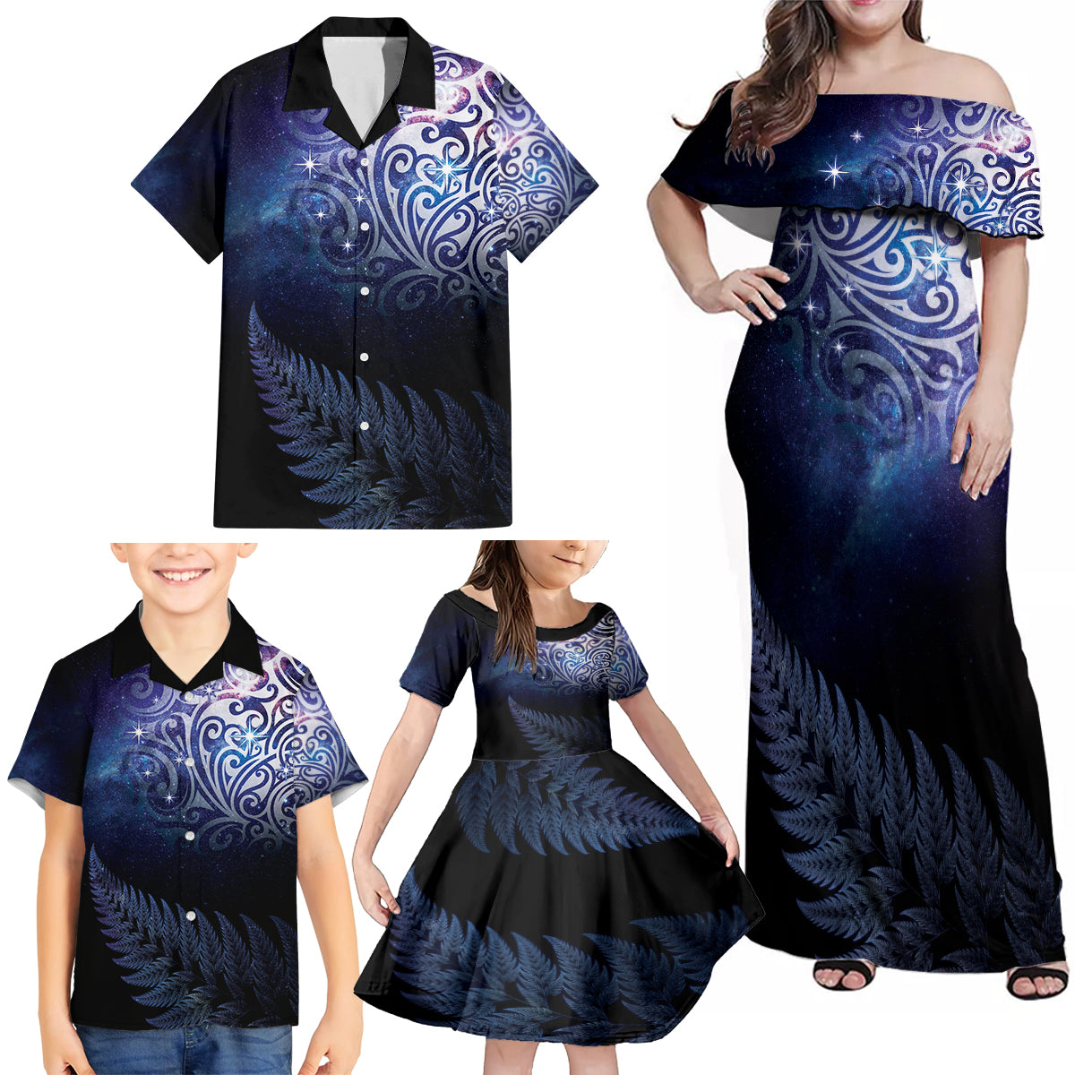 New Zealand Aotearoa Matariki Family Matching Off Shoulder Maxi Dress and Hawaiian Shirt Starry Silver Fern