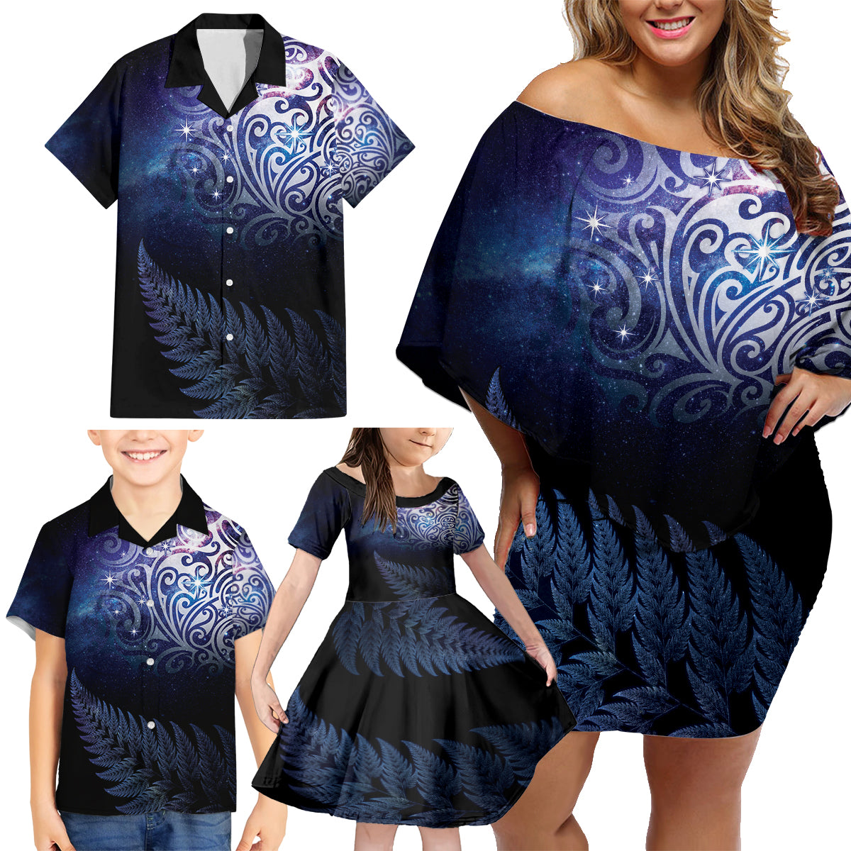 New Zealand Aotearoa Matariki Family Matching Off Shoulder Short Dress and Hawaiian Shirt Starry Silver Fern